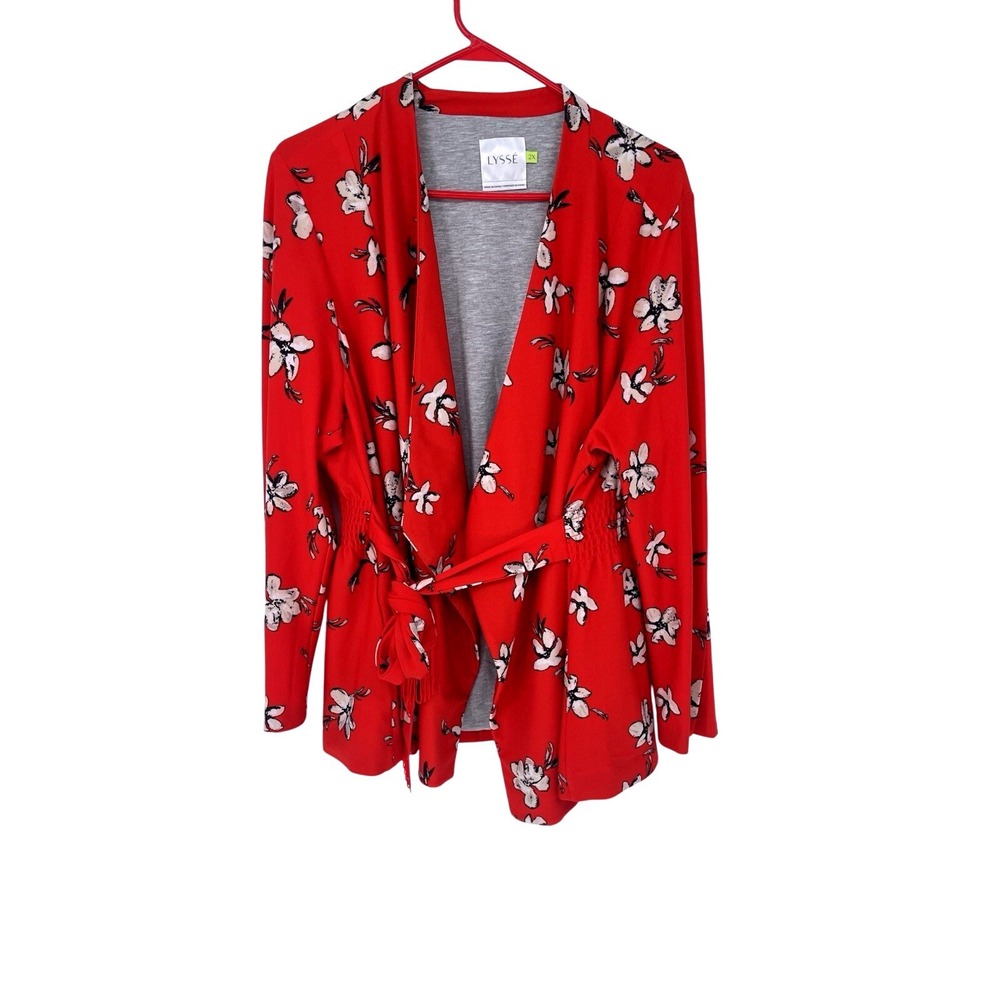 LYSEE QUIN WOMEN'S LONG SLEEVE RED POPPY PRINT JACKET BLAZER CARDIGAN Sz 2X‎
